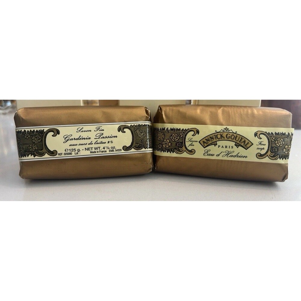 ANNICK GOUTAL Perfume Set 4.16oz. gold-wrapped soaps Gardenia Passion & Hadrien